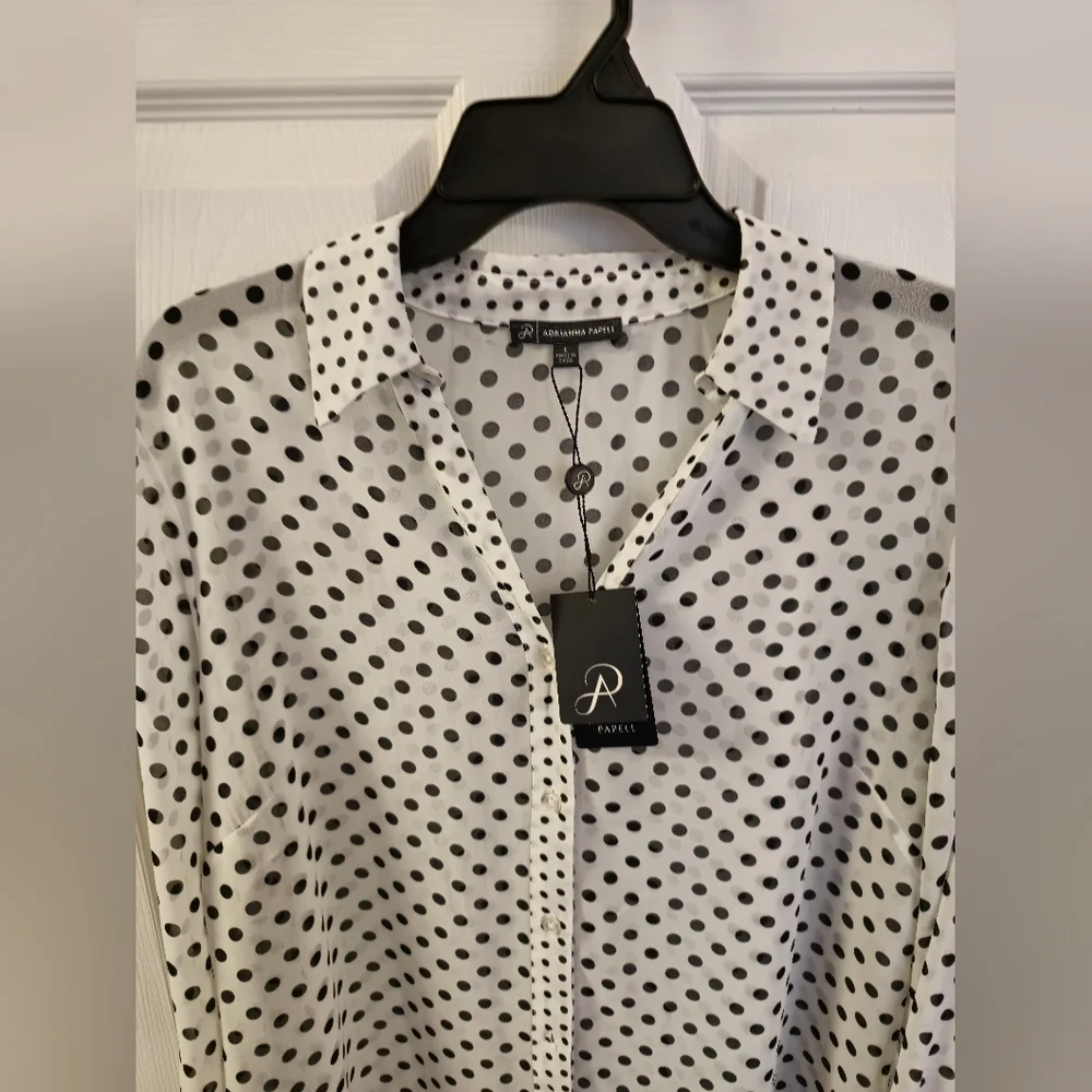 NWT Adrianna Papell Sheer Polka Dot Chiffon V Blouse Black White Size Large - Picture 5 of 17